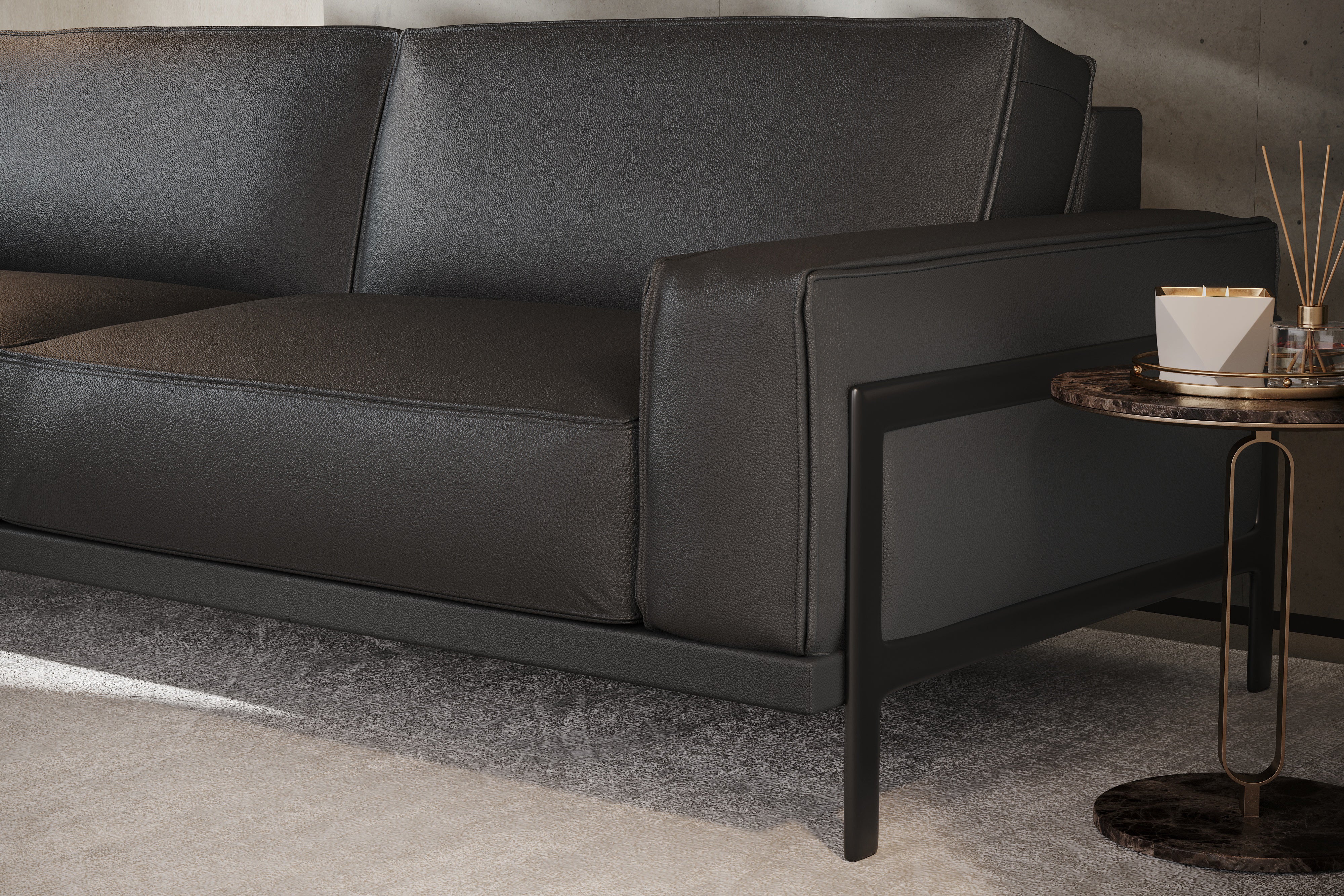 Valencia Chiara Leather Sofa with Steel Frame, Black Color