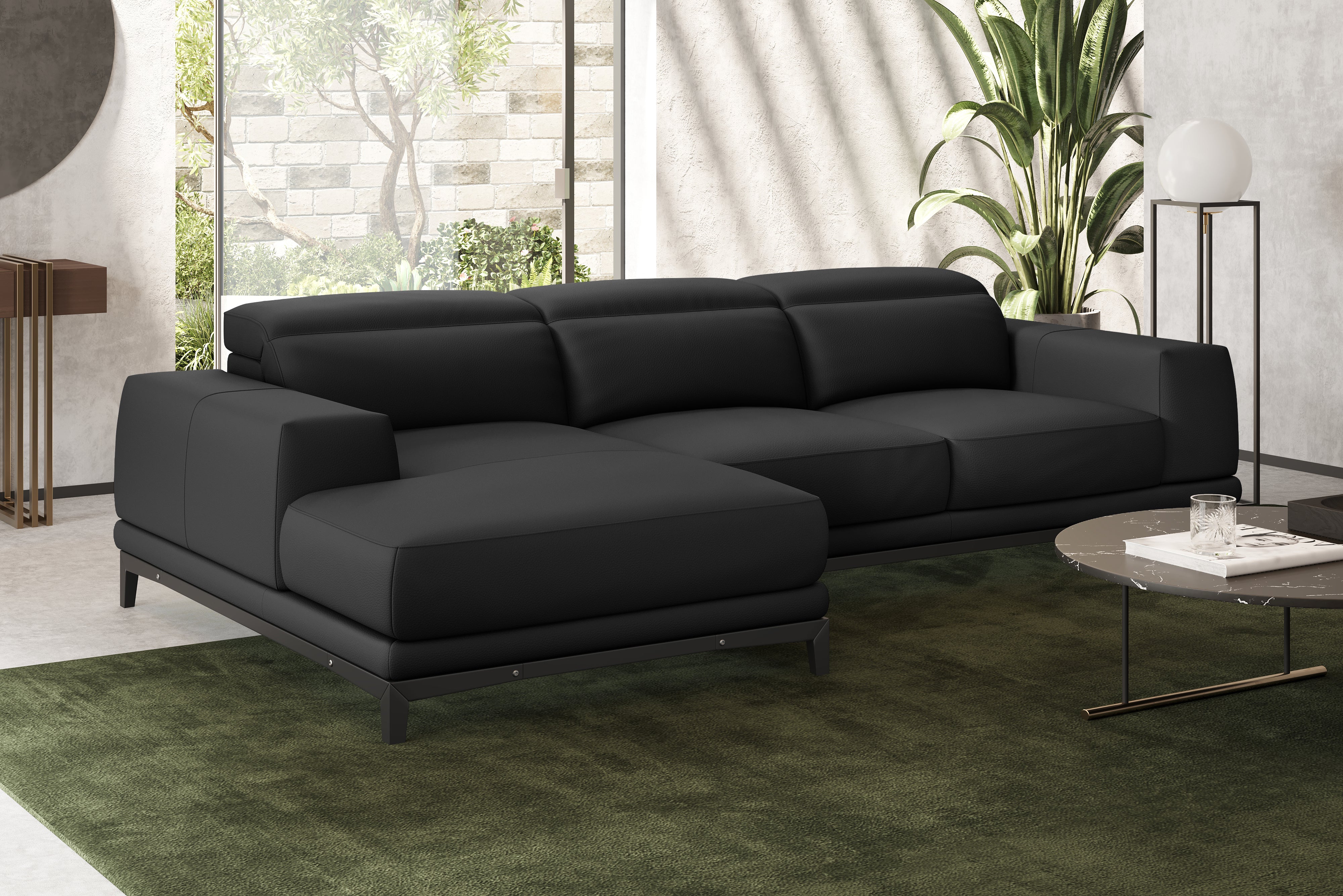 Valencia Valletta Top Grain Leather Three Seats with Left Chaise Sofa, Black