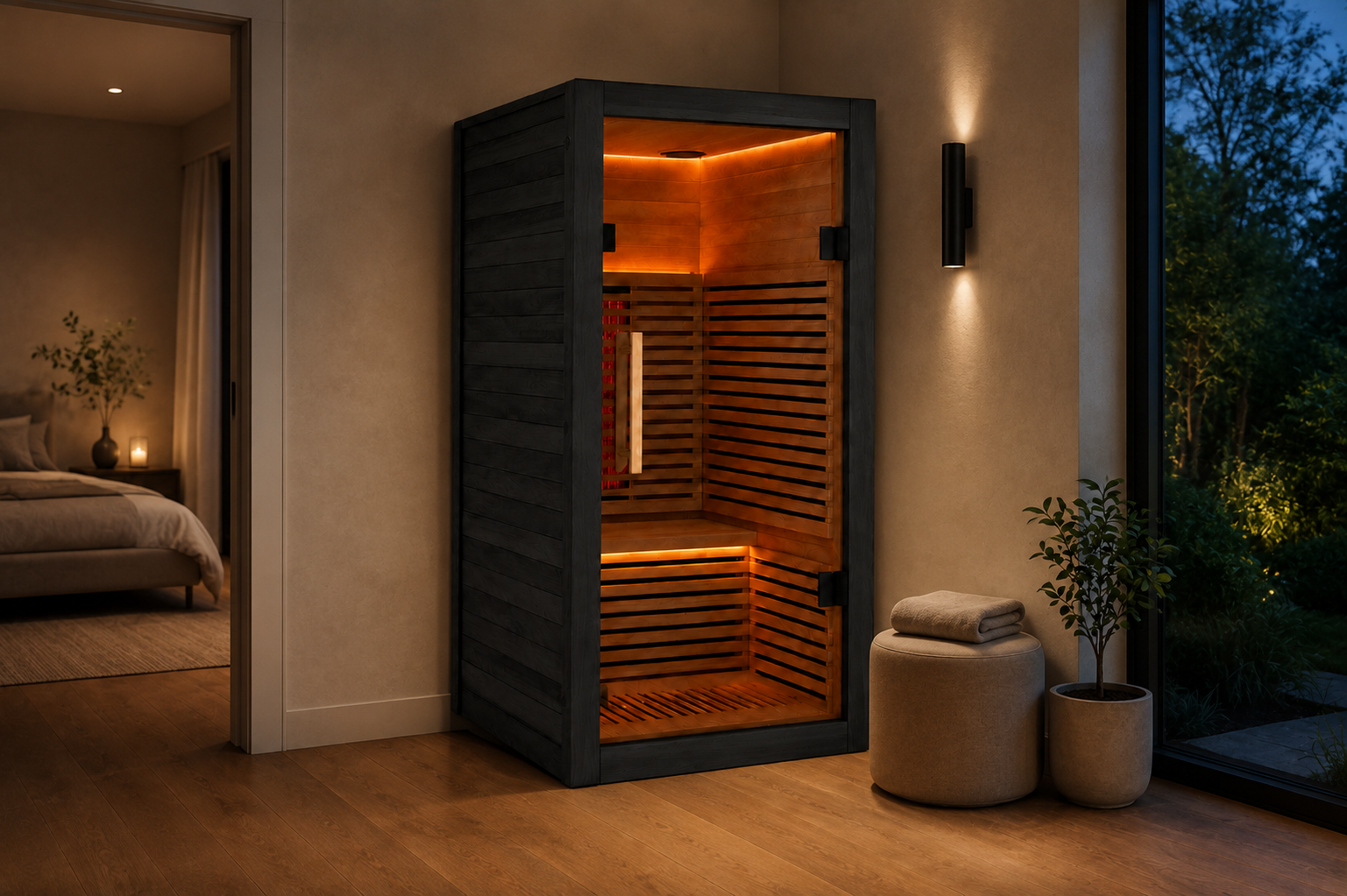 Valencia Aura™ 1-Person Full Spectrum Low-EMF Infrared Sauna | Black Exterior | Canadian Red Cedar