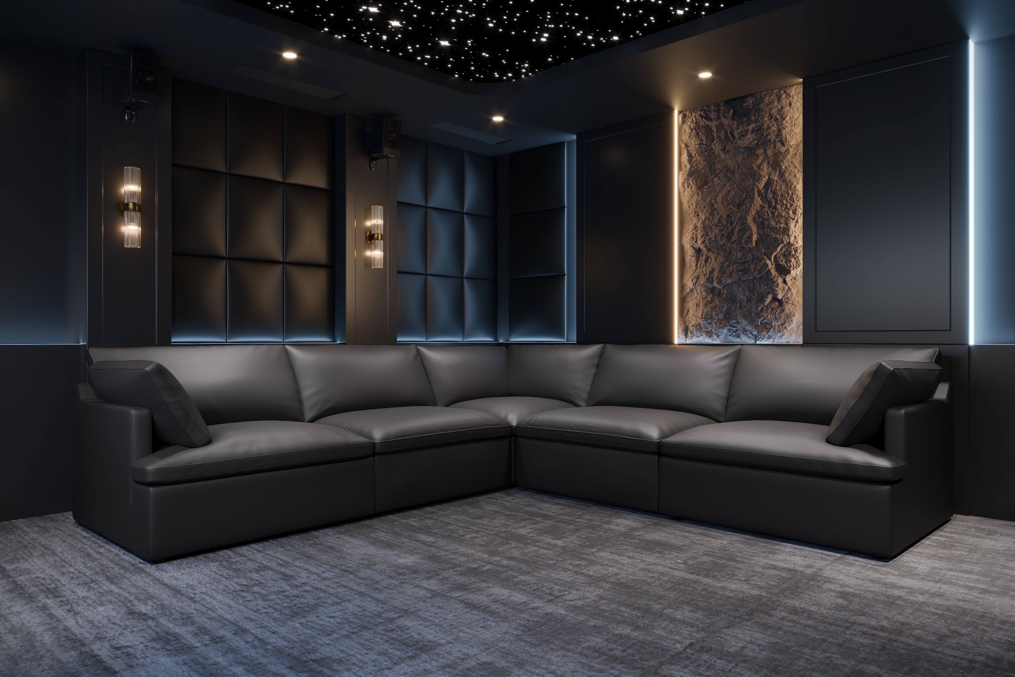 Valencia Isola Cloud Top Grain Leather Theater Lounge Modular Sofa L Shape, Black Color