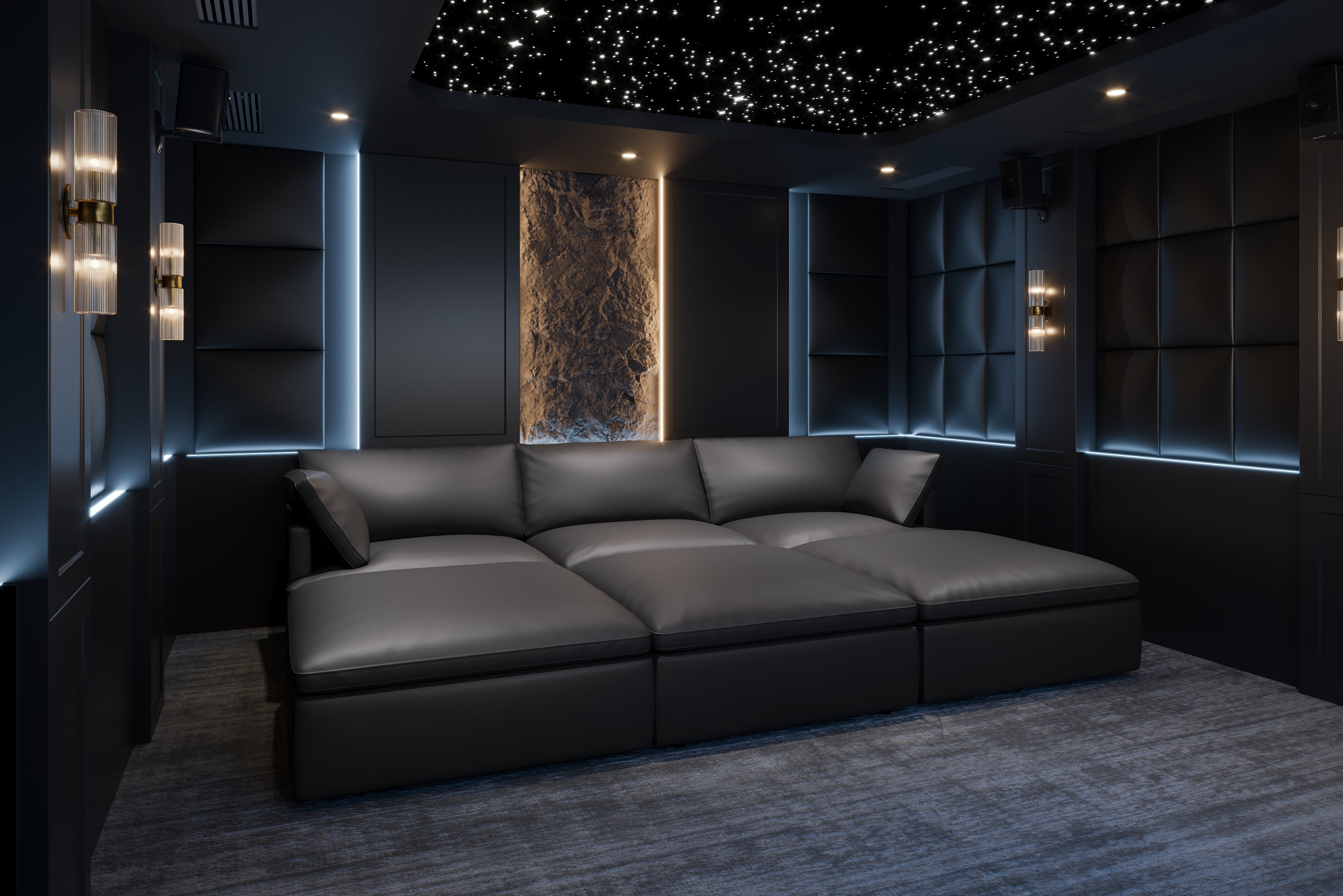 Valencia Isola Cloud Top Grain Leather Theater Lounge Modular Sofa Three Seats and 2 Ottomans, Black Color