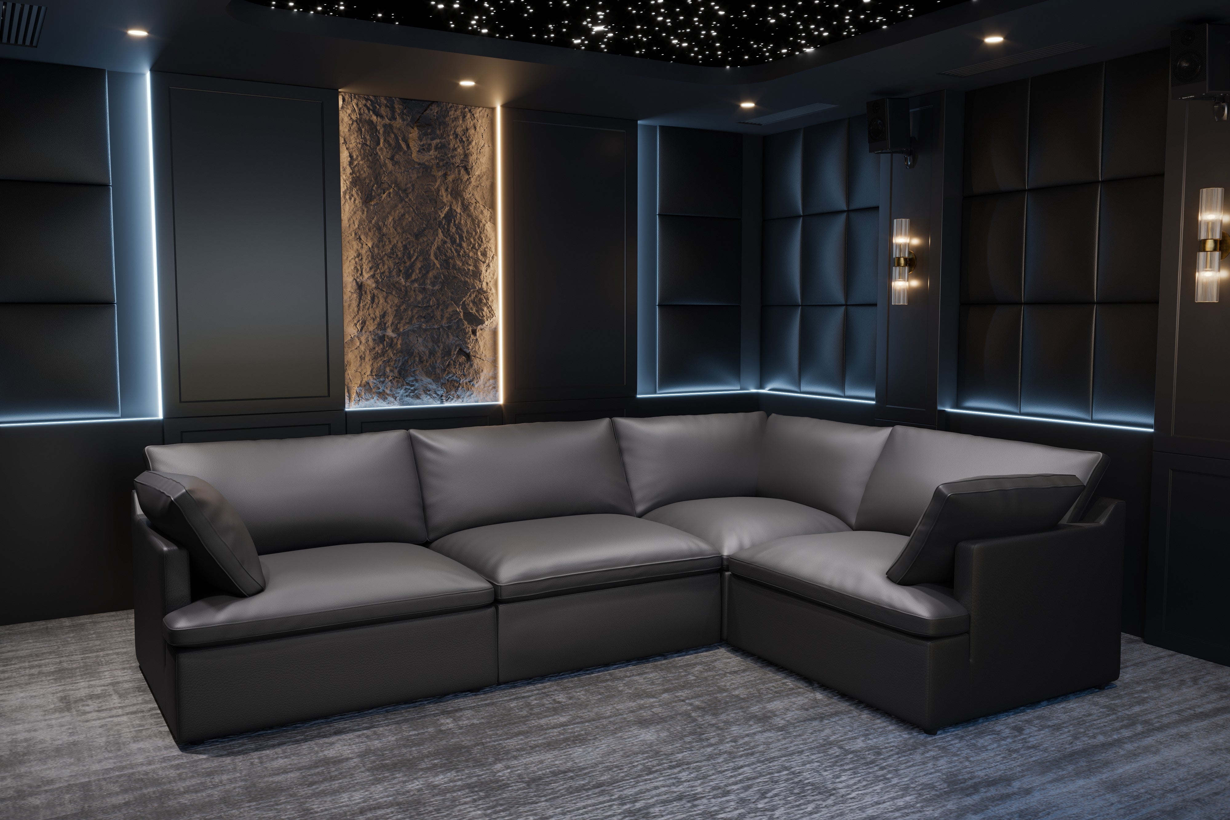 Valencia Isola Cloud Top Grain Leather Theater Lounge Modular Sofa Right Modular, Black Color