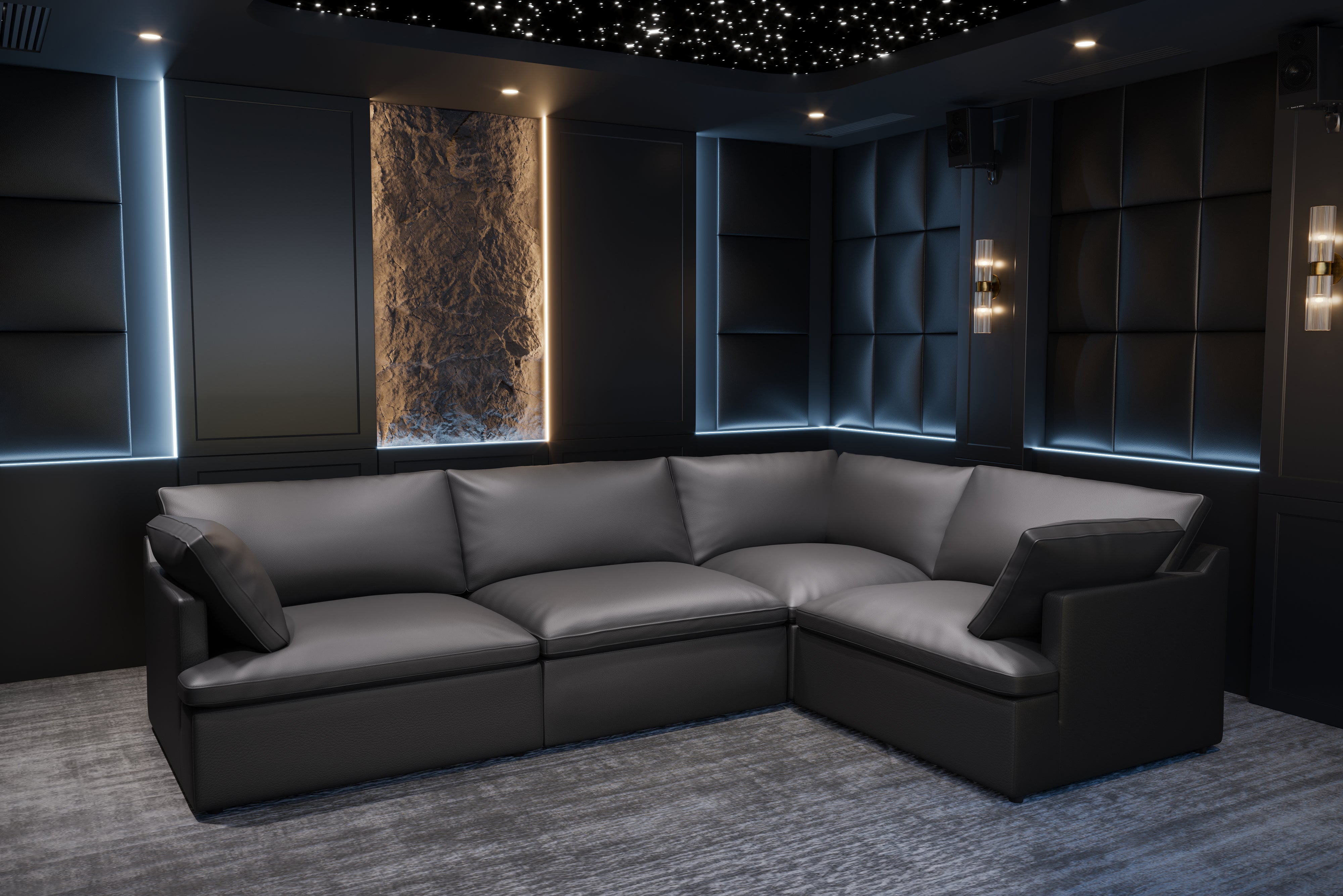 Valencia Isola Cloud Top Grain Leather Theater Lounge Modular Sofa Left Arm Piece, Black Color