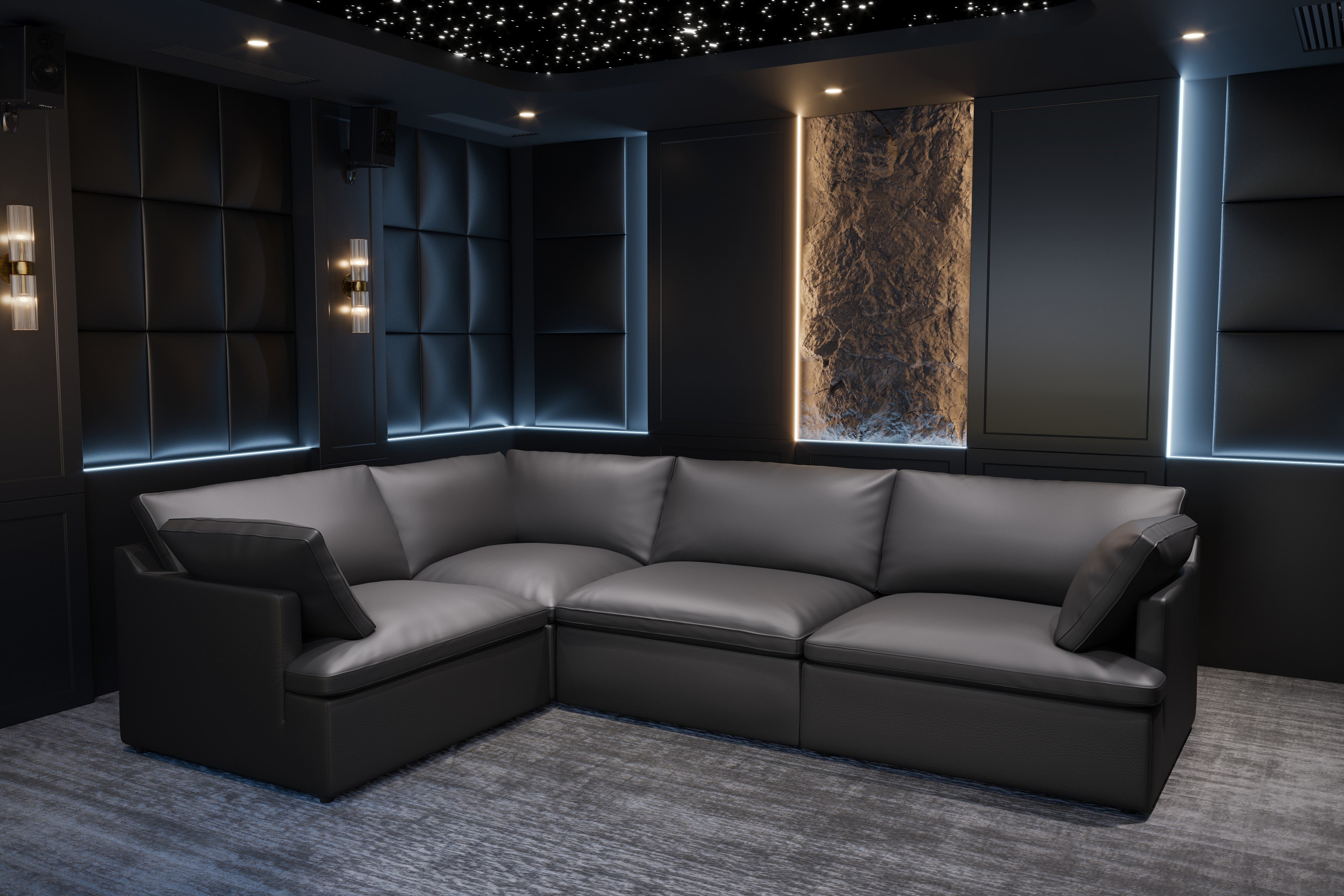 Valencia Isola Cloud Top Grain Leather Theater Lounge Modular Sofa Left Modular, Black Color