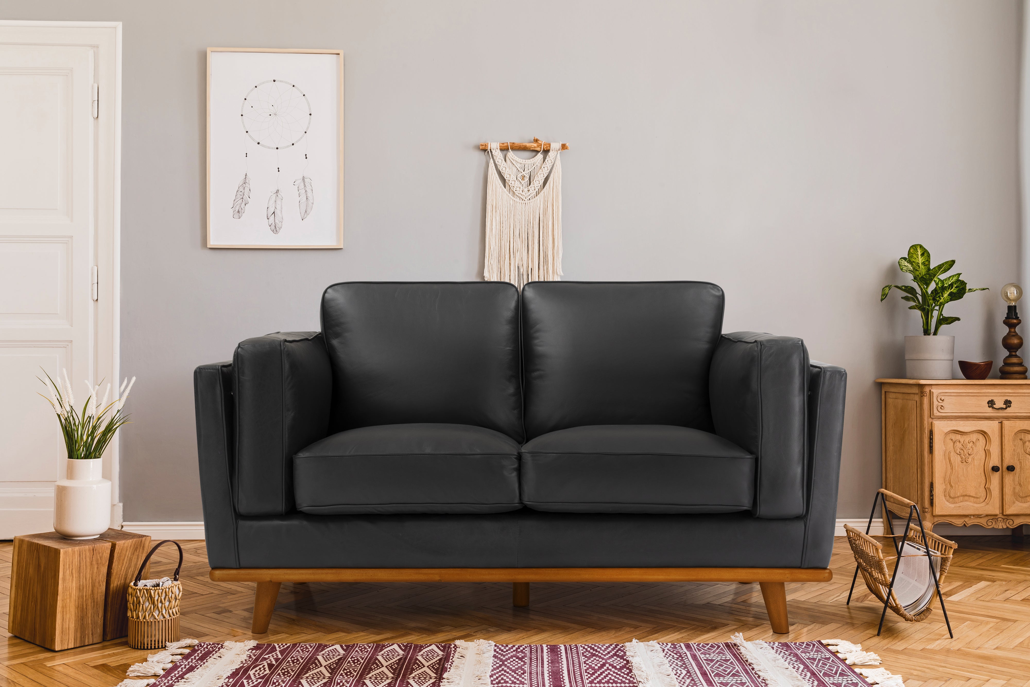 Valencia Artisan Loveseat Leather Sofa, Black