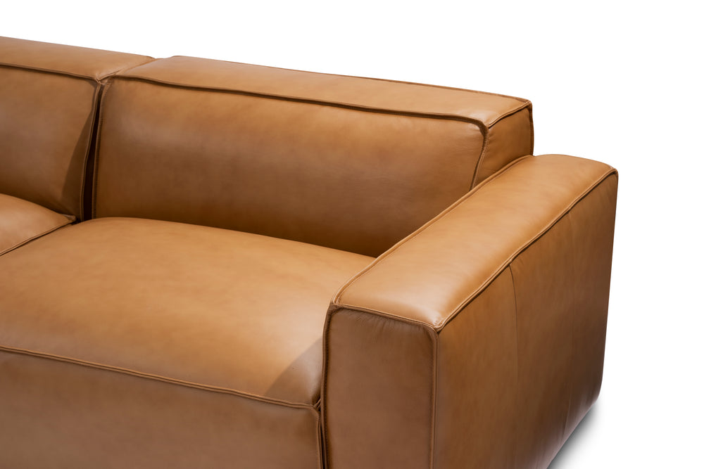 Valencia Nathan Full Aniline Leather Modular Sofa with Down Feather, Row of 4 with 2 Chaises, Caramel Brown Color
