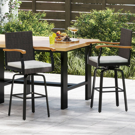 Set of 4 Outdoor 360° Swivel Bar Stool with Cushion and Acacia Wood Armrests