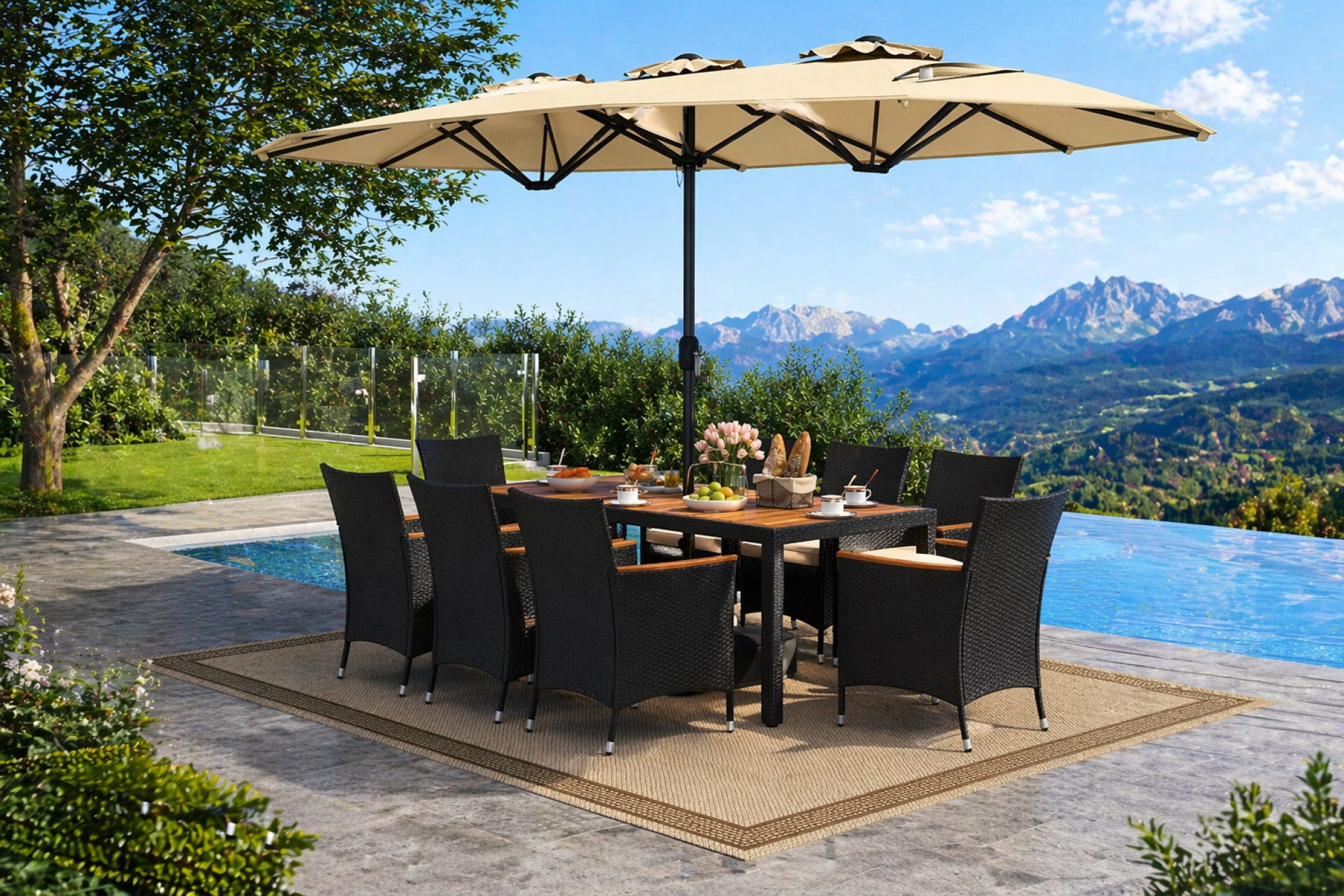10 Piece Outdoor Dining Set with 15 Feet Double-Sided Twin Umbrella