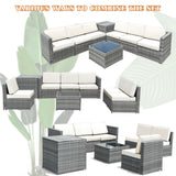 8 Piece Wicker Sofa Rattan Dinning Set Patio Furniture with Storage Table