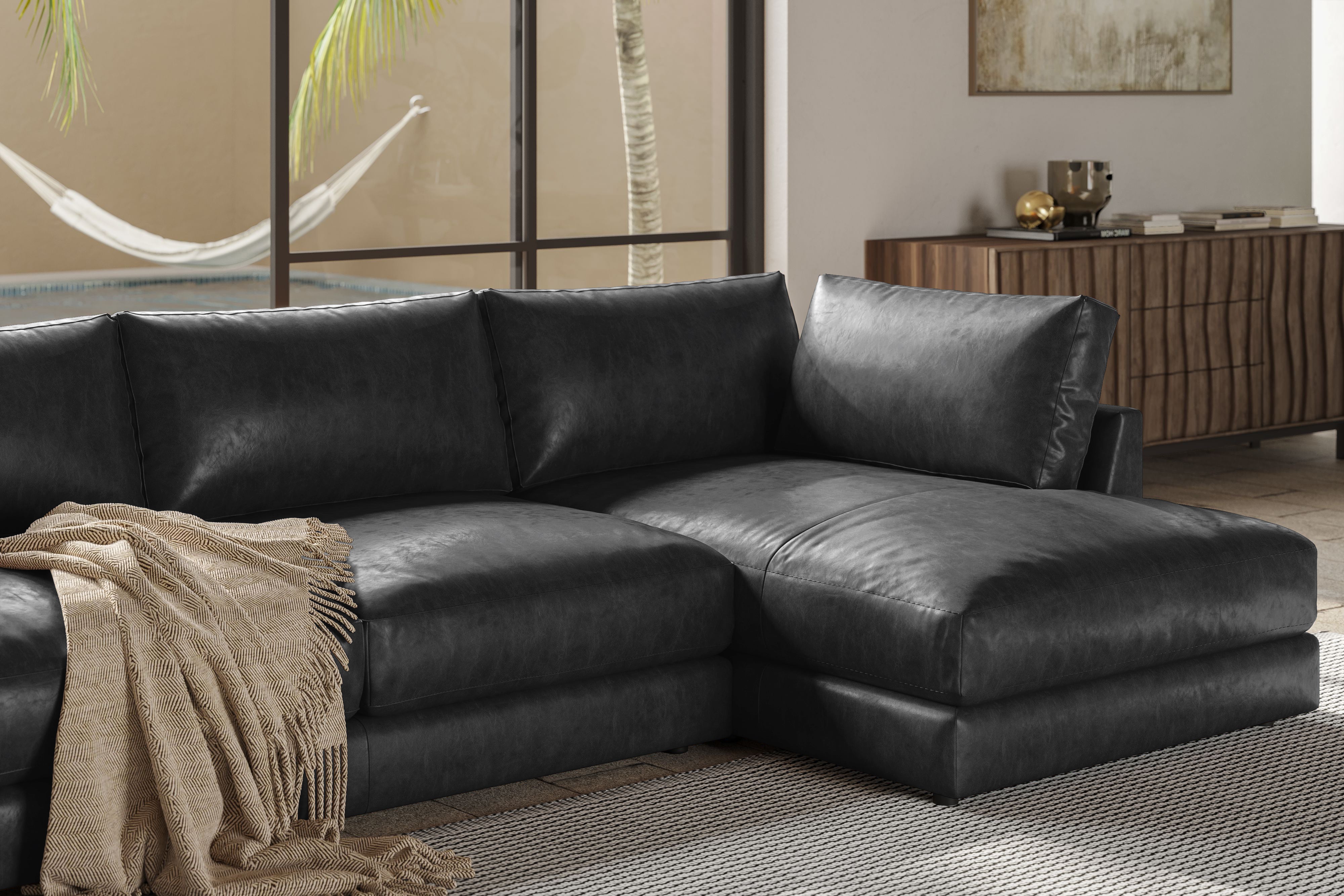 Valencia Serena Leather Three Seats with Right Chaise Sectional Sofa, Black