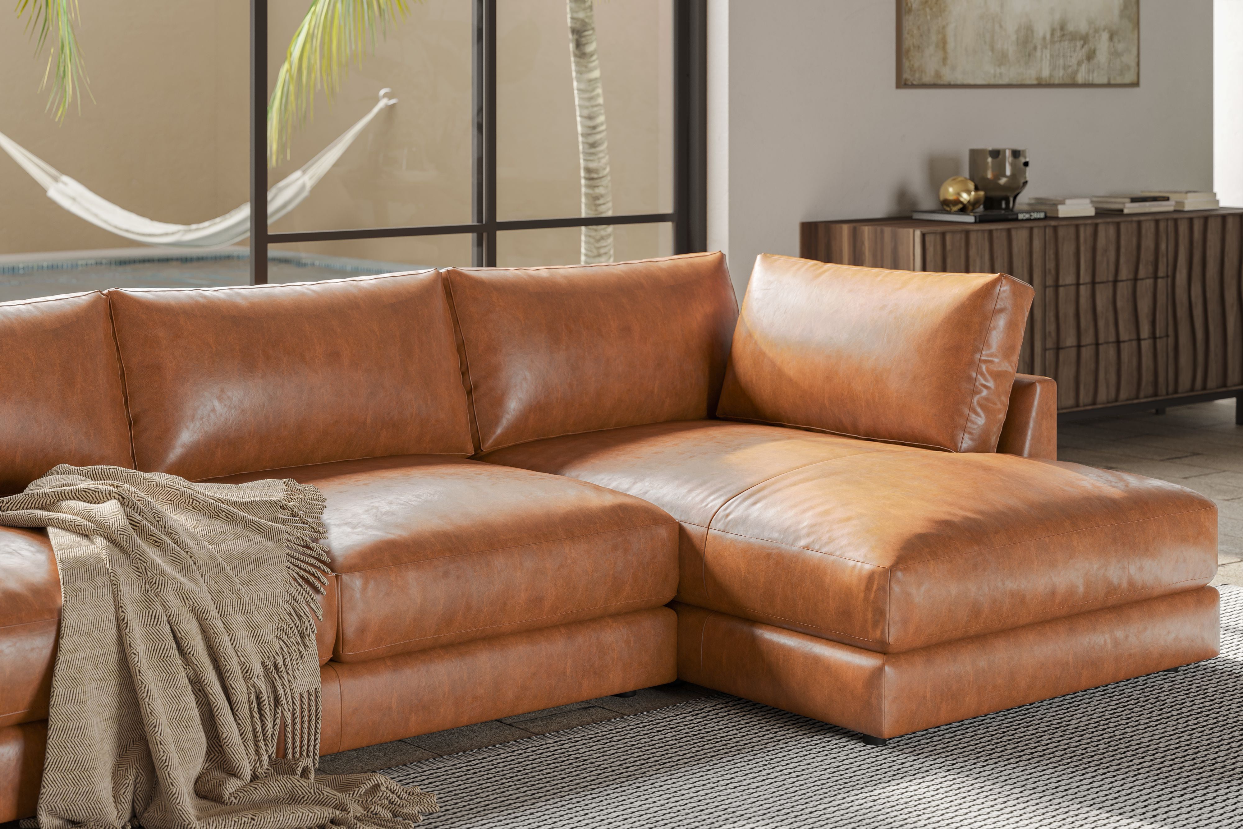 Valencia Serena Leather Three Seats with Right Chaise Sectional Sofa, Cognac