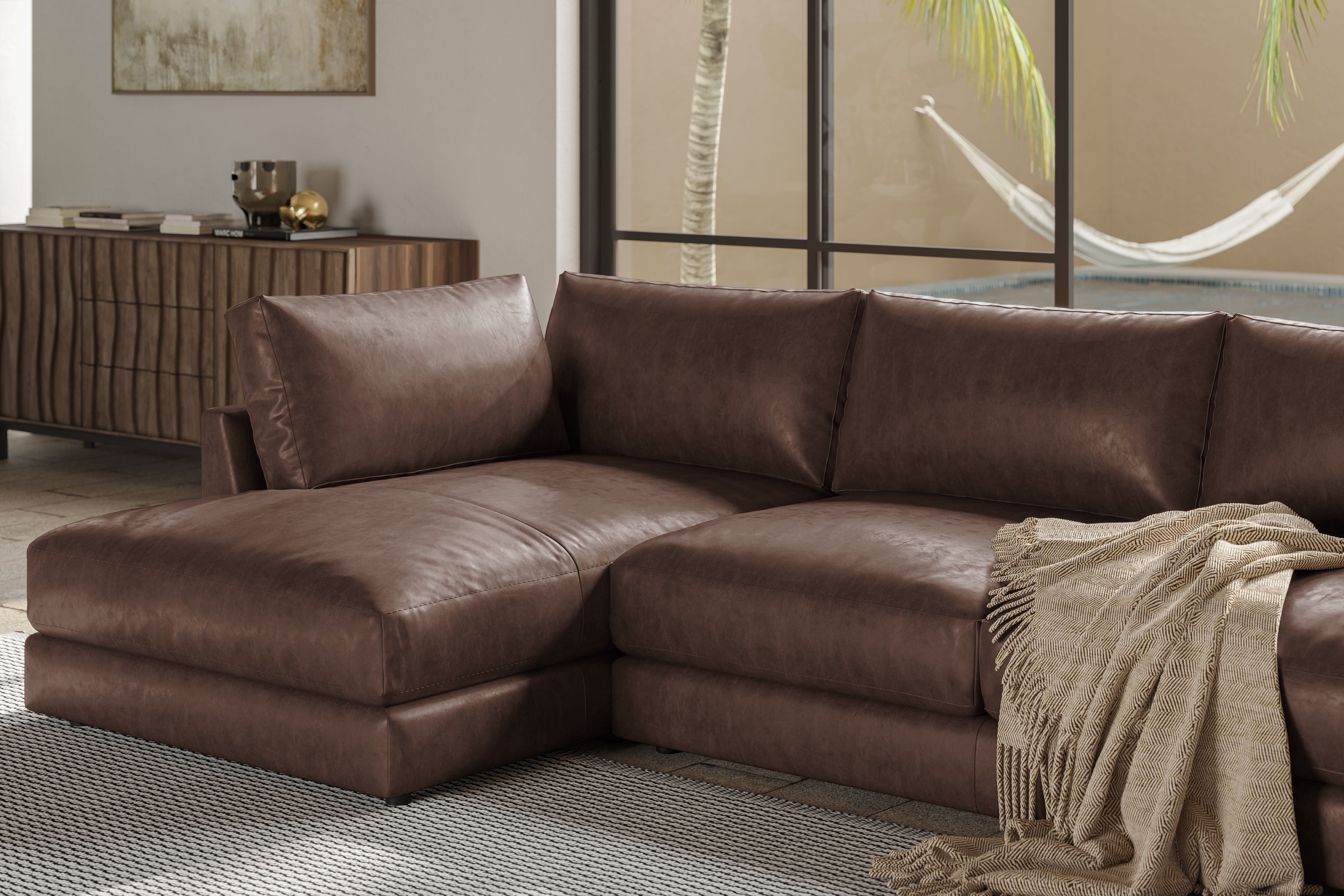 Valencia Serena Leather Three Seats with Left Chaise Sectional Sofa, Brown