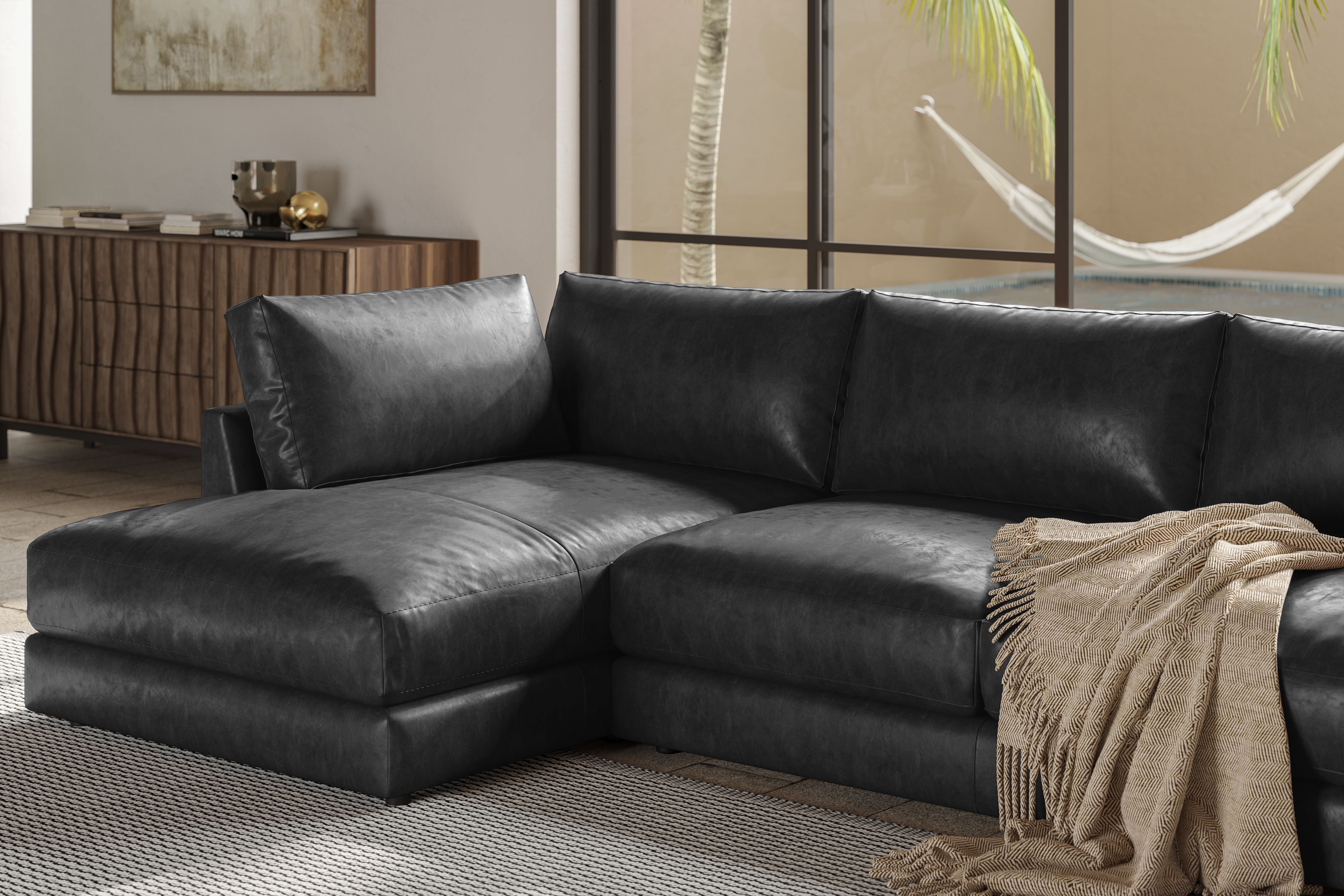 Valencia Serena Leather Three Seats with Left Chaise Sectional Sofa, Black