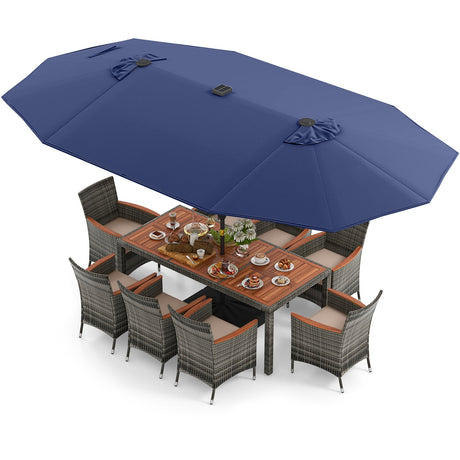11 Pieces Patio Dining Set with 15 Feet Double-Sided Patio Umbrella Base Included