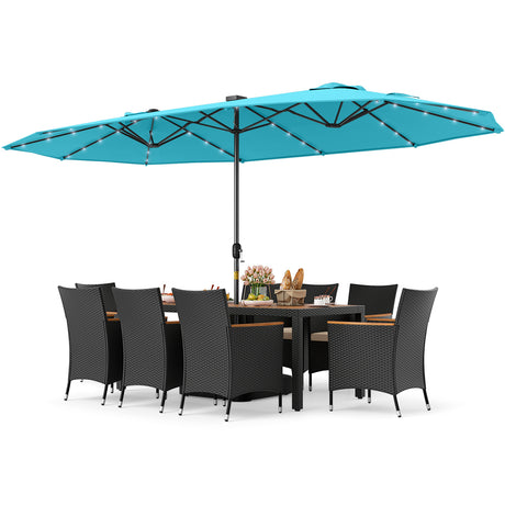 11 Pieces Patio Dining Set with LED Patio Umbrella with Base and Seat Cushions