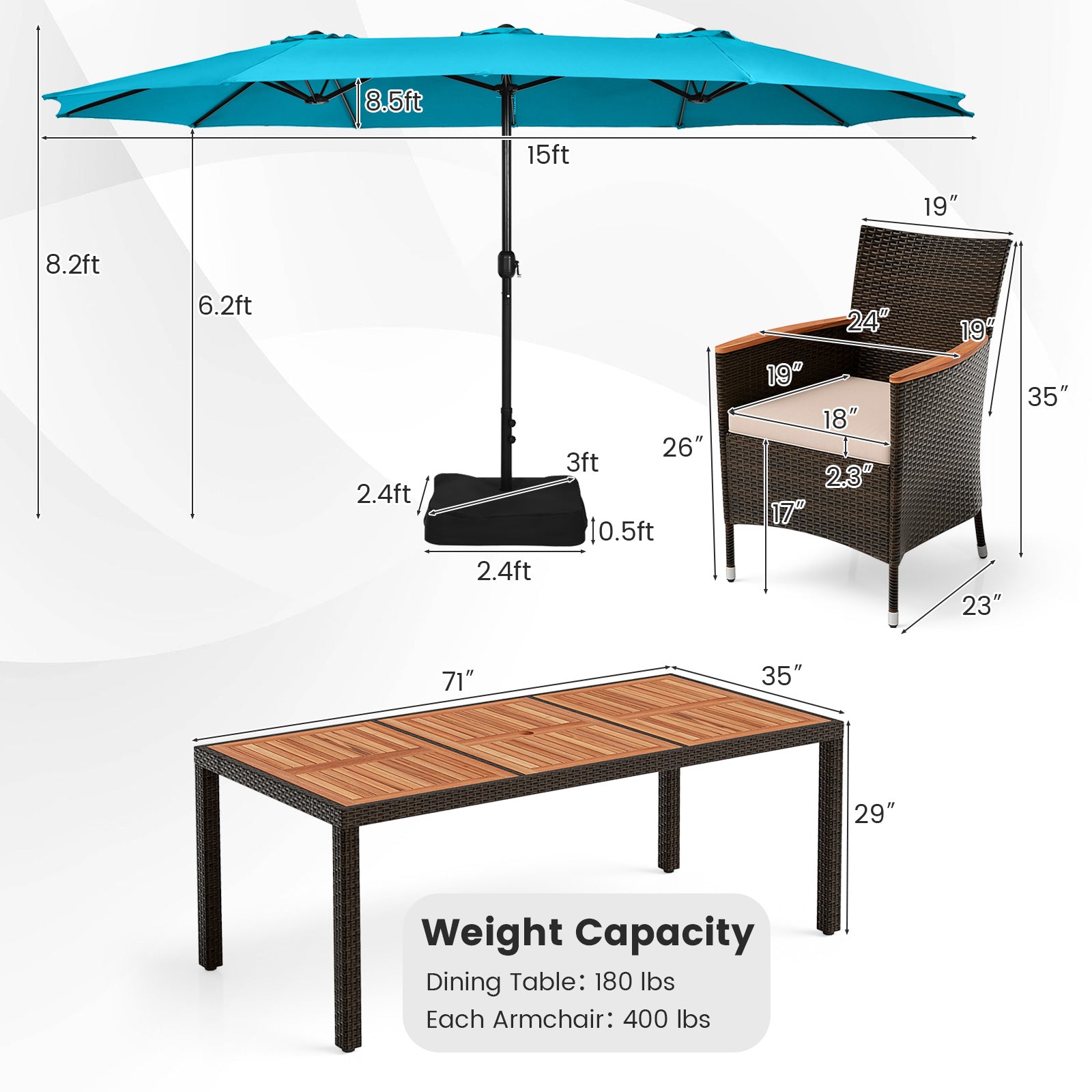 11 Pieces Patio Dining Set 15ft Double-Sided Patio Umbrella (Base Included) and Outdoor Rattan Furniture Set with 8 Stackable Chairs