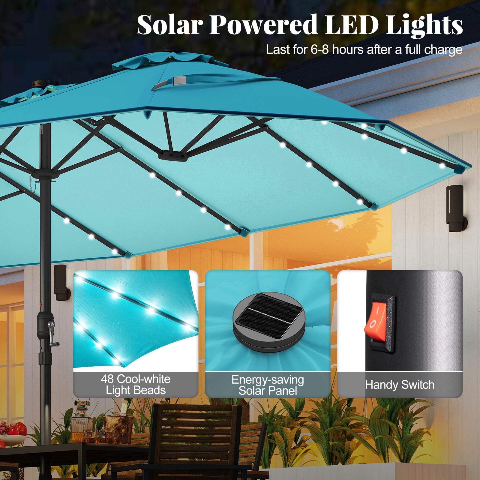11 Pieces Patio Dining Set 15ft Double-Sided Patio Umbrella (Base Included) and Outdoor Rattan Furniture Set with 8 Stackable Chairs