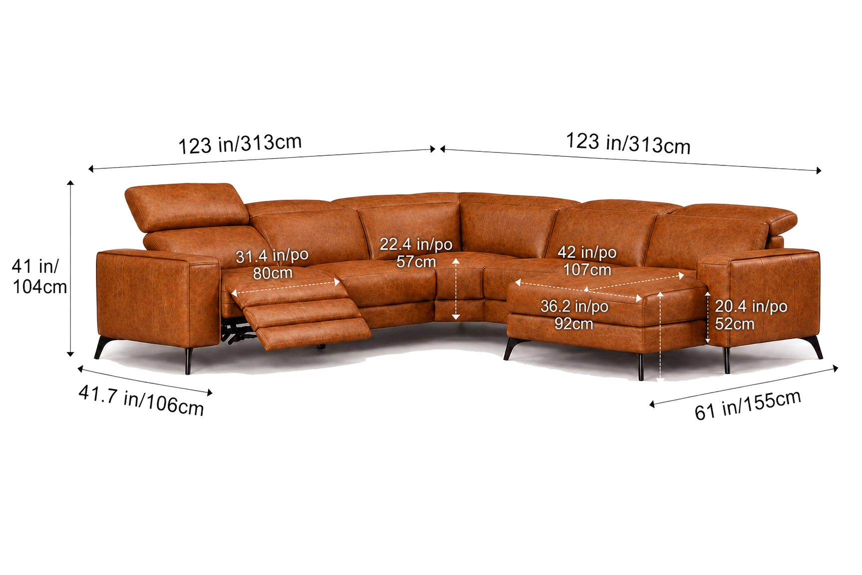Esther Distressed Italian Aniline Leather Corner Recliner Sectional Sofa