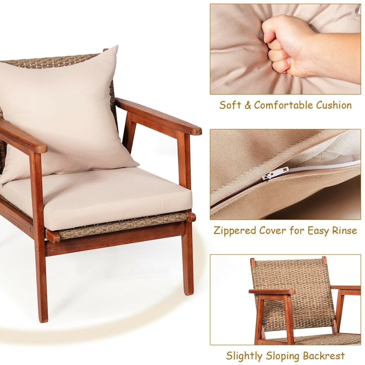 4 Piece  Acacia Wood Patio Rattan Furniture Set