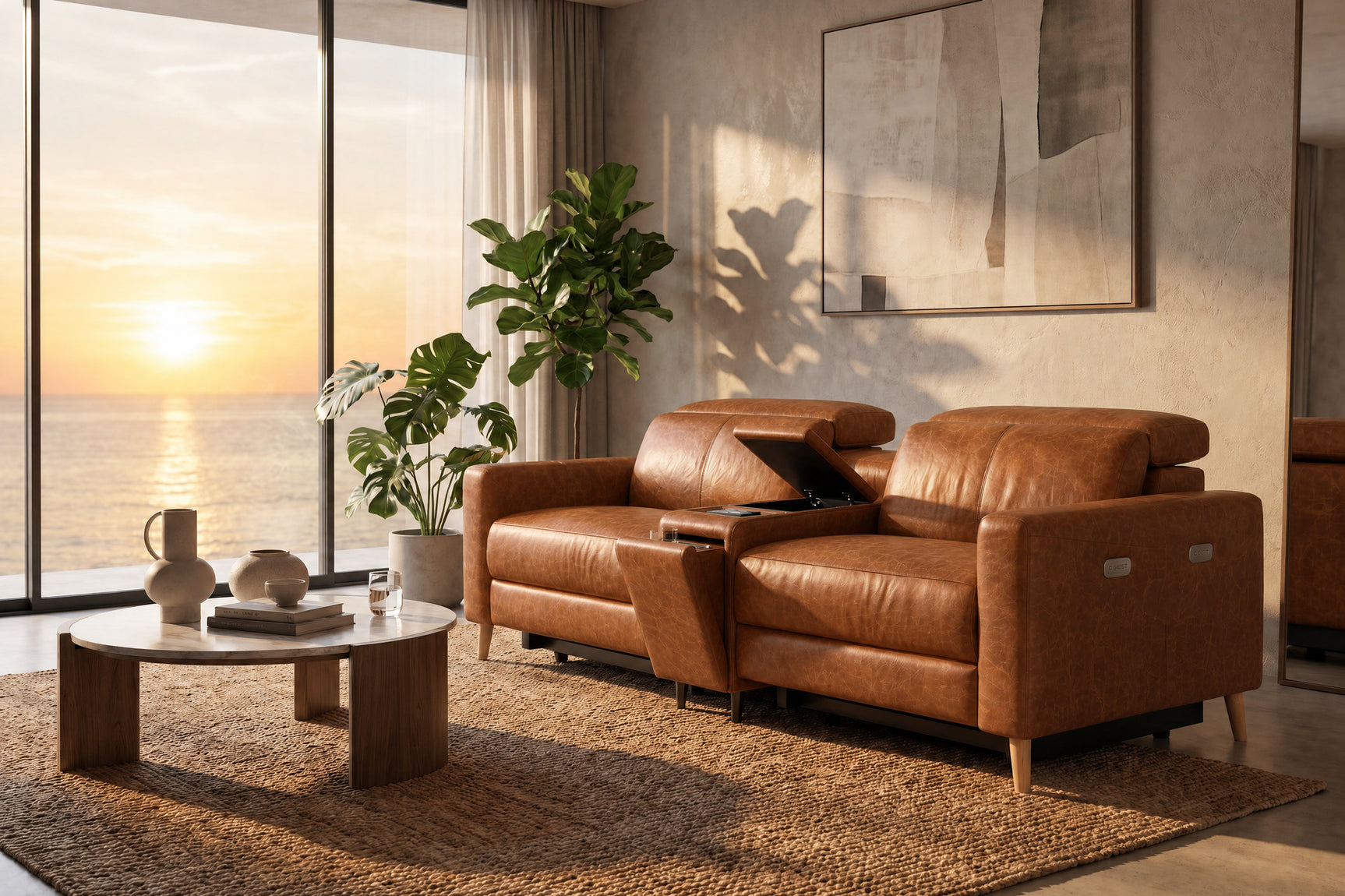 Elodie Distressed Italian Aniline Leather Dual Recliner Sofa with Console