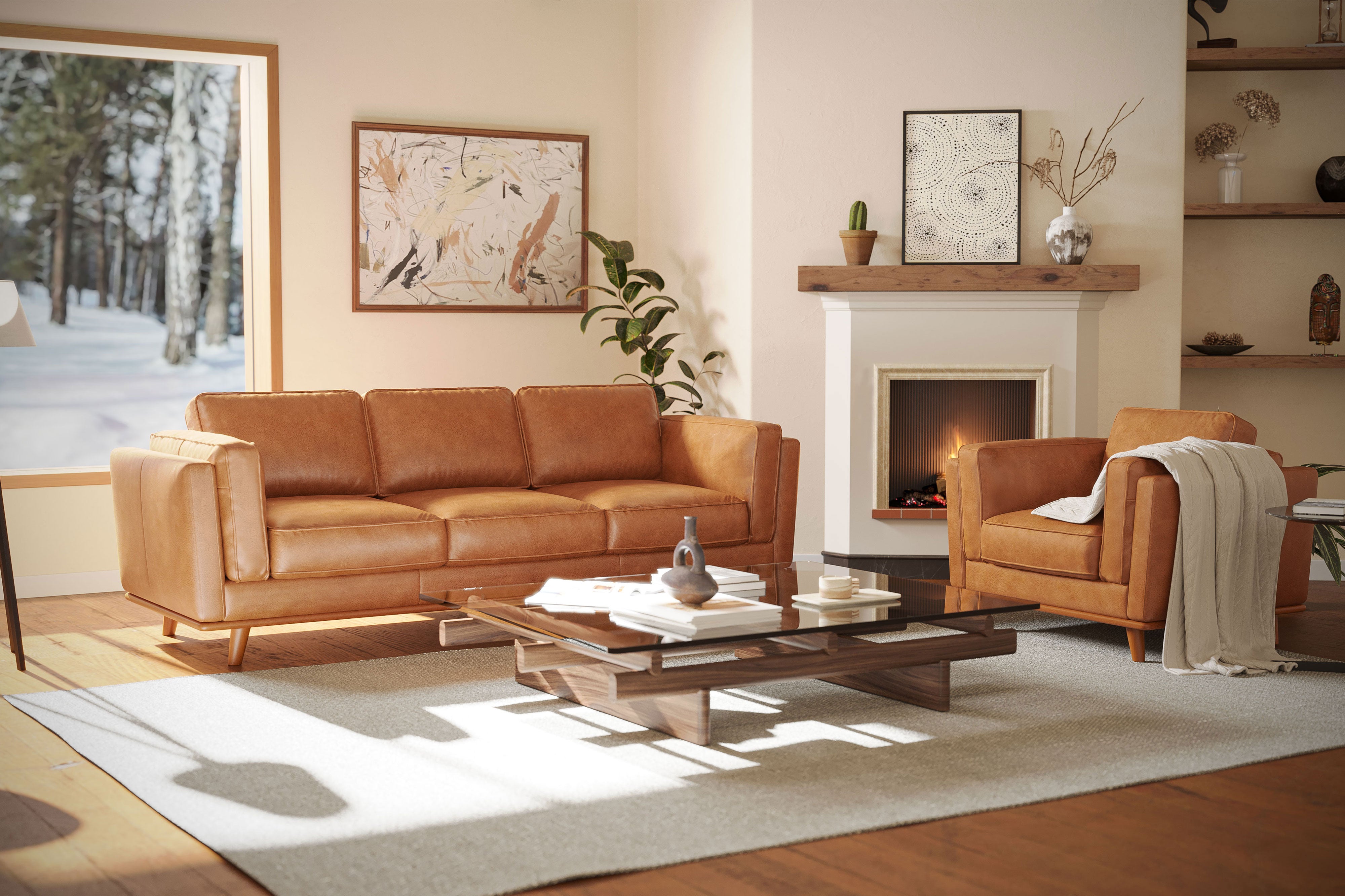 Valencia Artisan Wide Three Seats Leather Sofa, Cognac