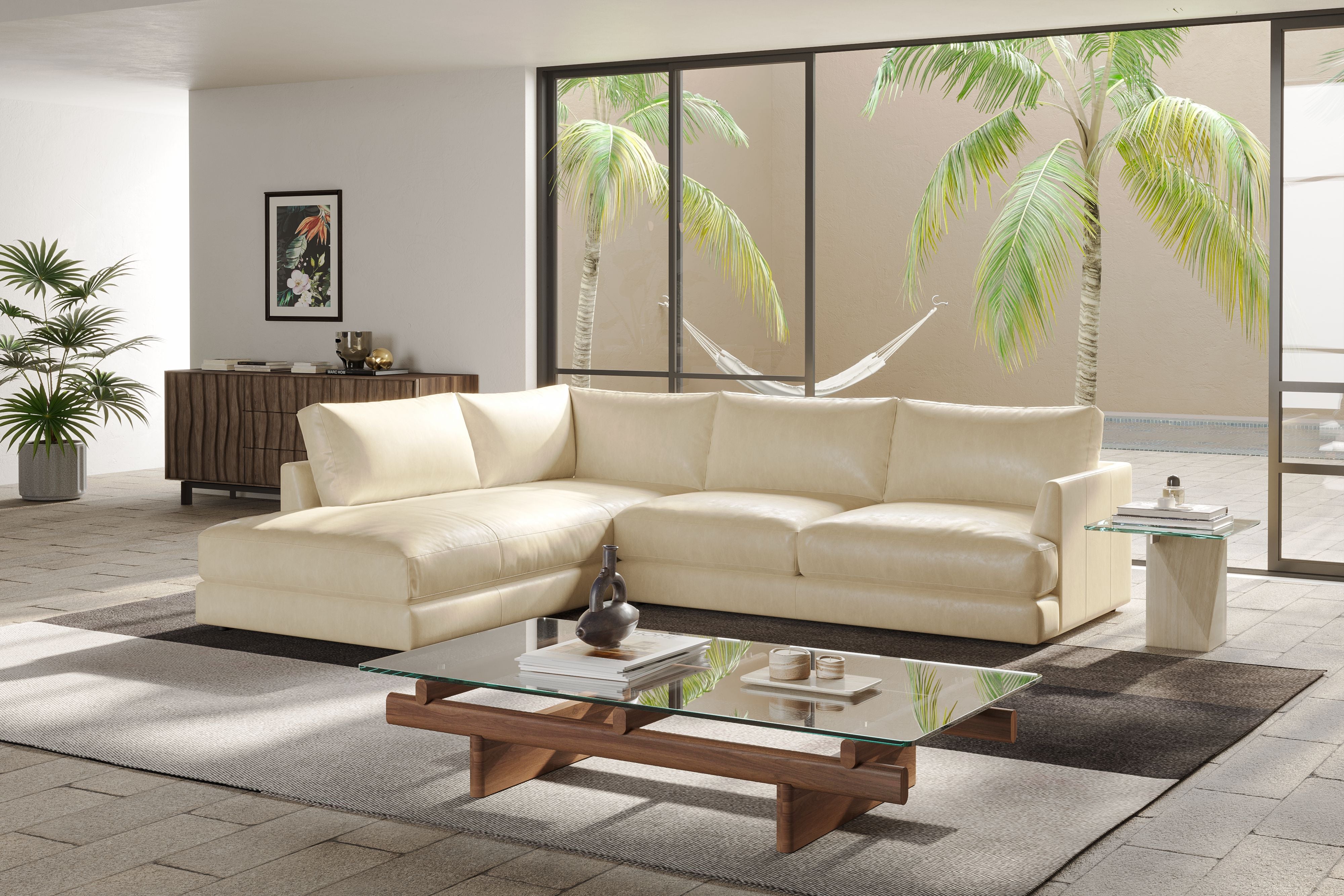 Valencia Serena Leather 2-Piece Left Bumper Chaise Sectional Sofa, Beige