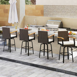 Set of 4 Outdoor 360° Swivel Bar Stool with Cushion and Acacia Wood Armrests