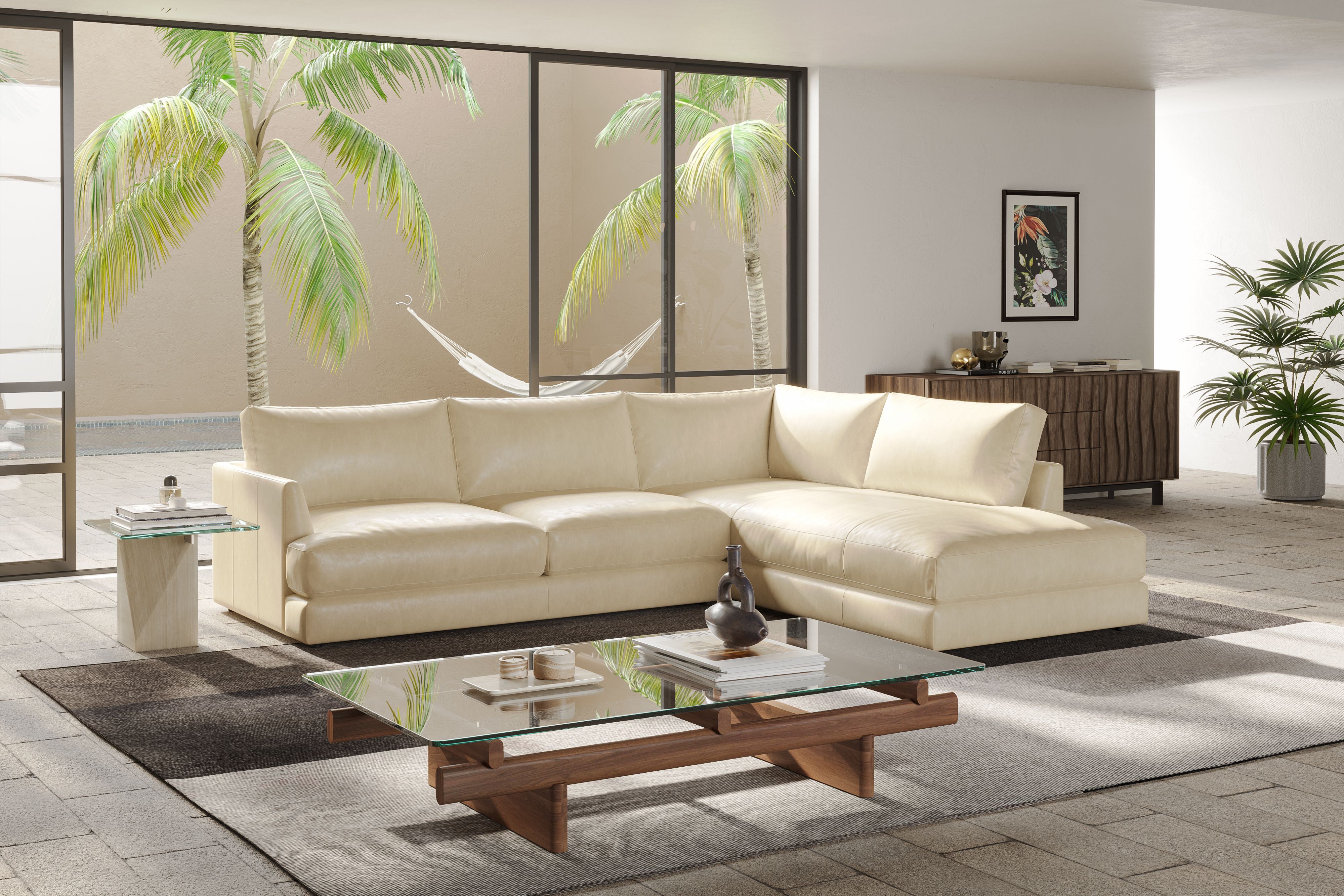 Valencia Serena Leather 2-Piece Right Bumper Chaise Sectional Sofa, Beige