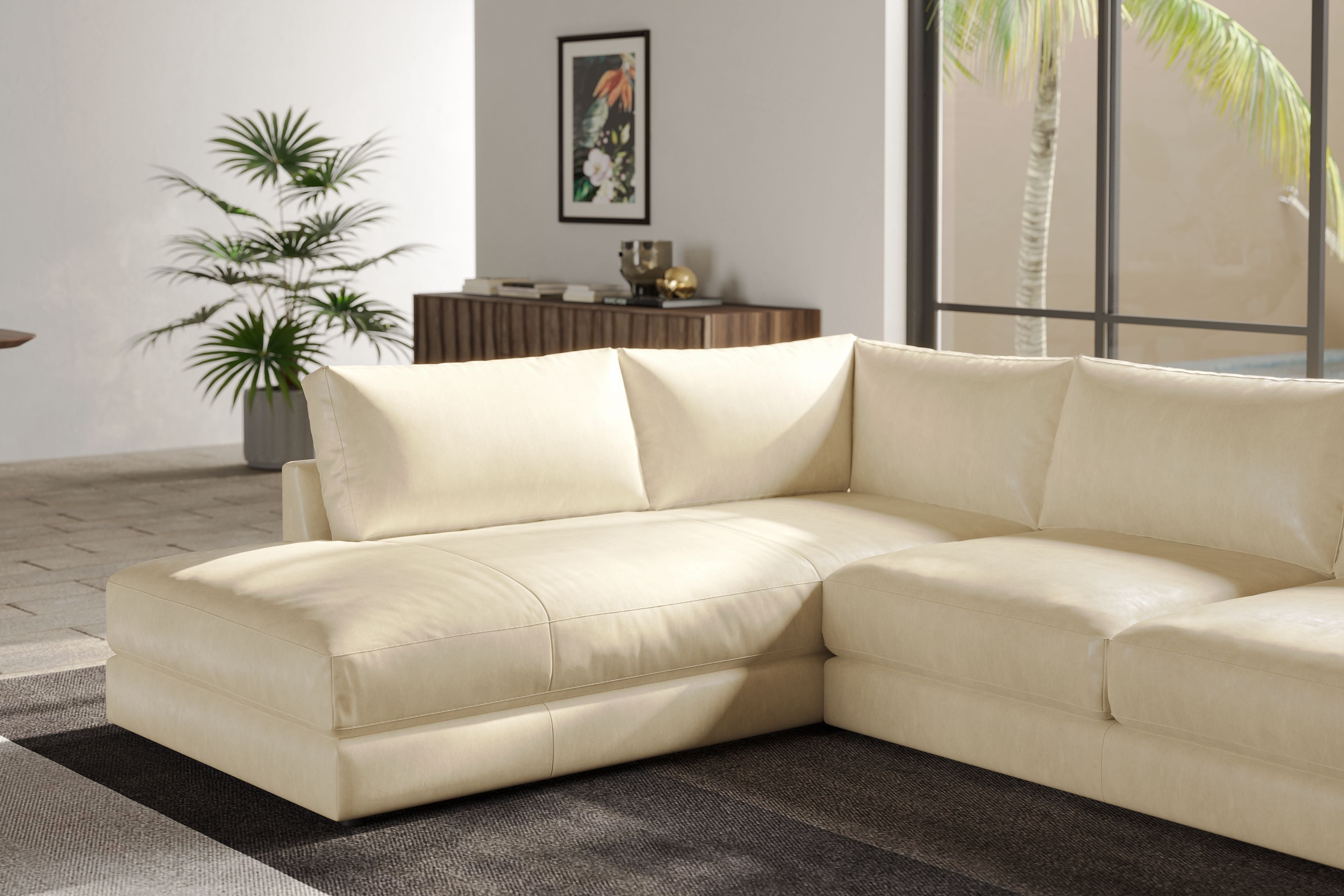 Valencia Serena Leather 2-Piece Left Bumper Chaise Sectional Sofa, Beige