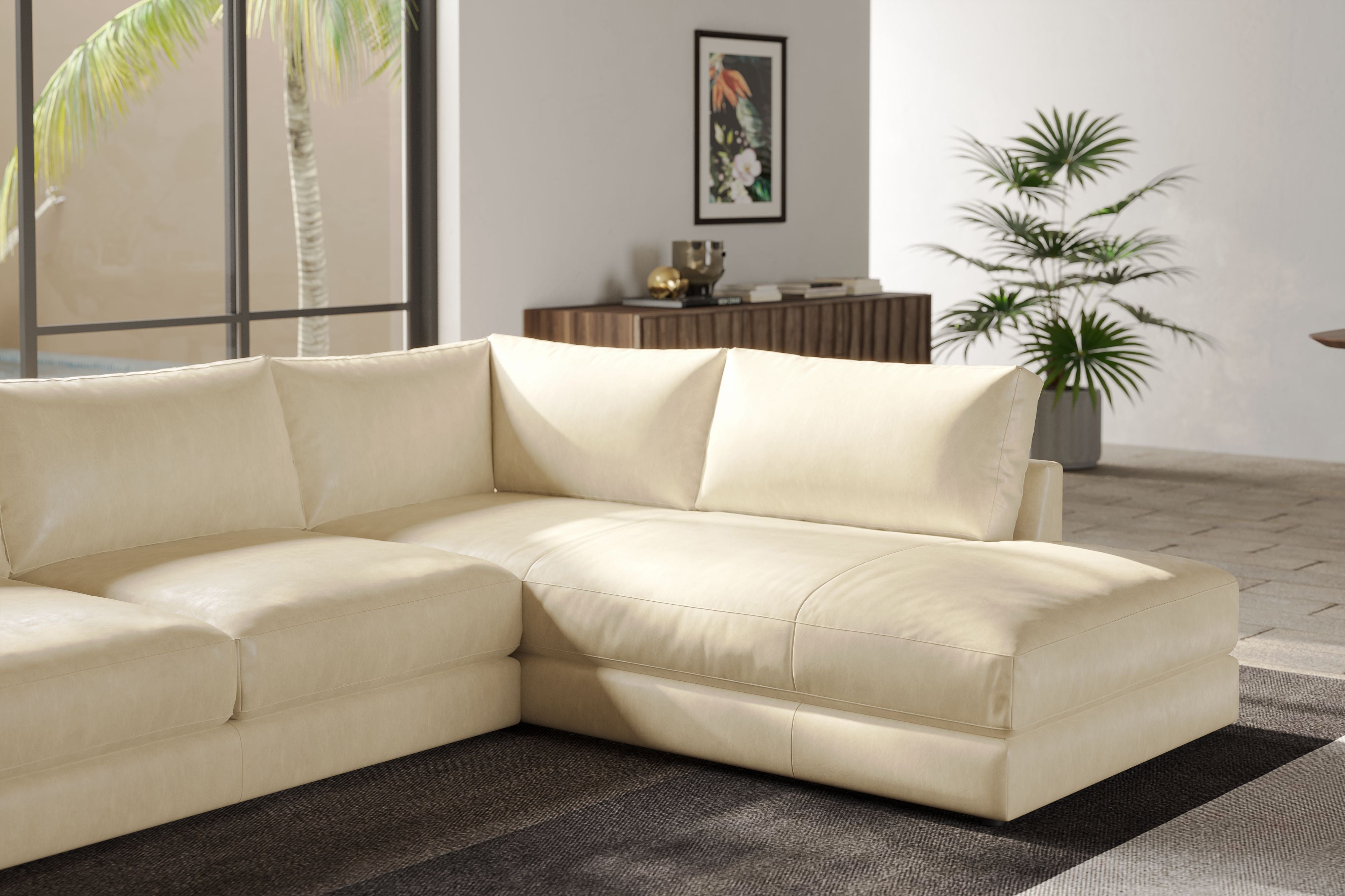 Valencia Serena Leather 2-Piece Right Bumper Chaise Sectional Sofa, Beige