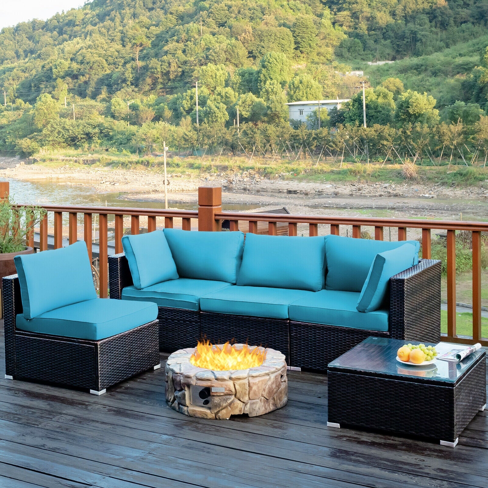 5 Pieces Cushioned Patio Rattan Furniture Set with Glass Table