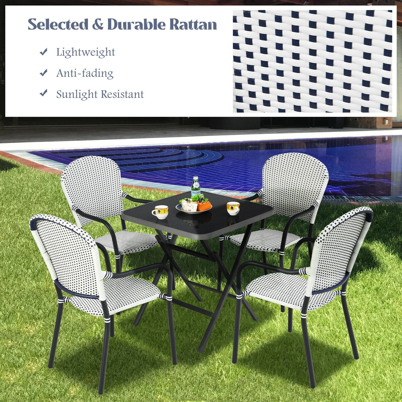 Set of 4 Patio Rattan Stackable Dining Chair with  Armrest for Garden