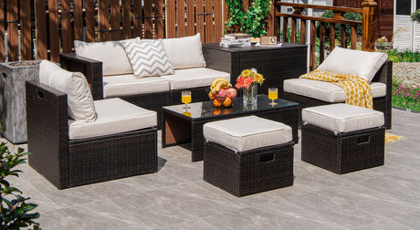 8 Pieces Patio Space-Saving Rattan Furniture Set with Storage Box and Waterproof Cover