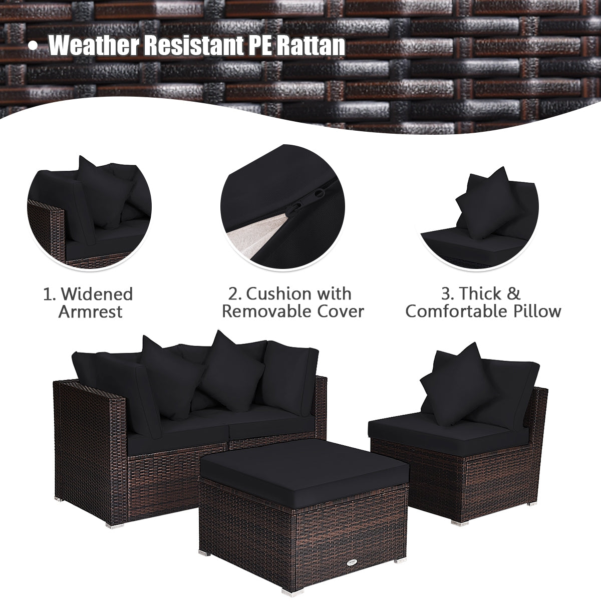 4 Pieces Ottoman Garden Patio Rattan Wicker Furniture Set with Cushion