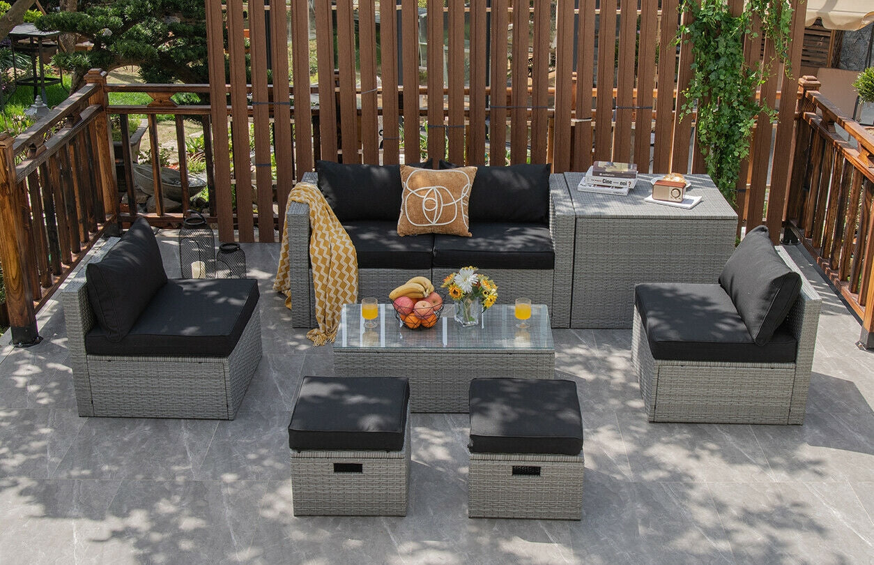8 Pieces Patio Rattan Furniture Set with Storage Waterproof Cover and Cushion