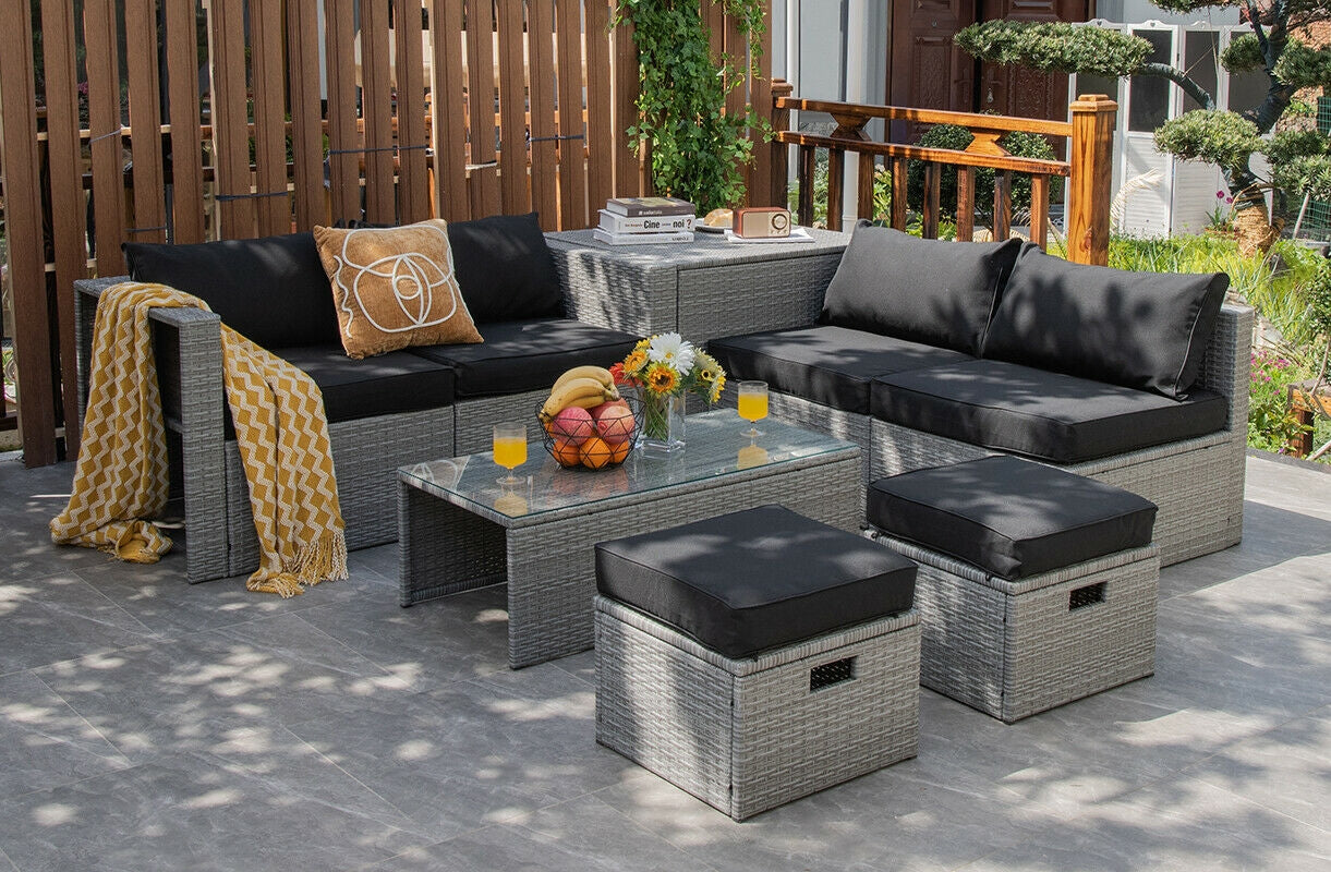 8 Pieces Patio Rattan Furniture Set with Storage Waterproof Cover and Cushion
