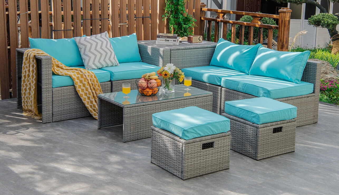 8 Pieces Patio Rattan Furniture Set with Storage Waterproof Cover and Cushion