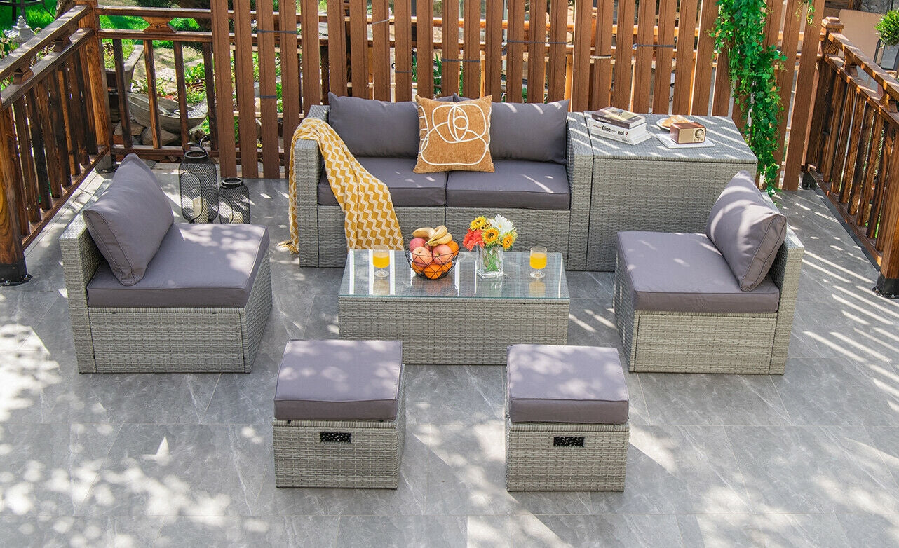 8 Pieces Patio Rattan Furniture Set with Storage Waterproof Cover and Cushion