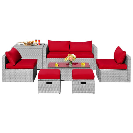 8 Pieces Patio Rattan Furniture Set with Storage Waterproof Cover and Cushion