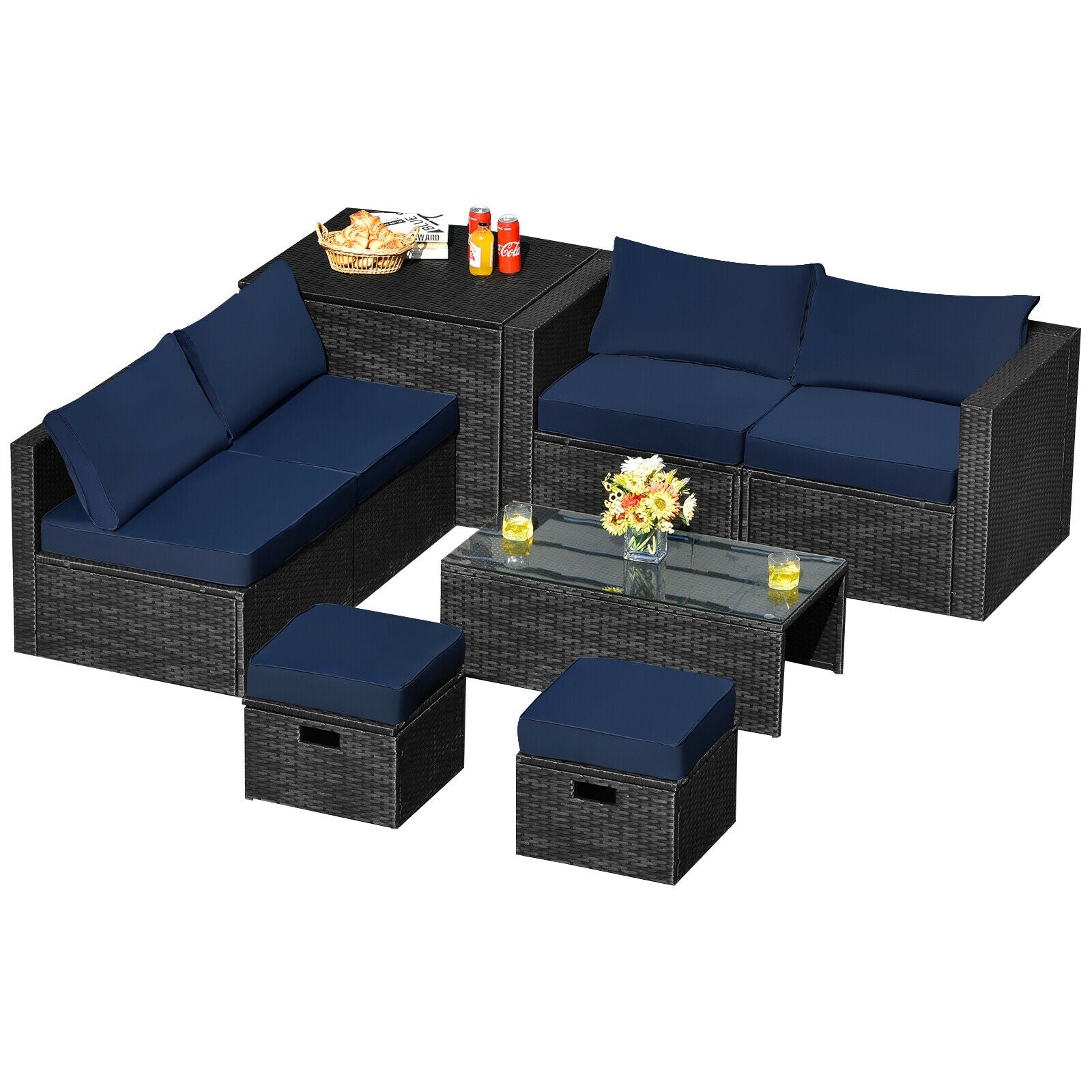 8 Pieces Patio Rattan Storage Table Furniture Set