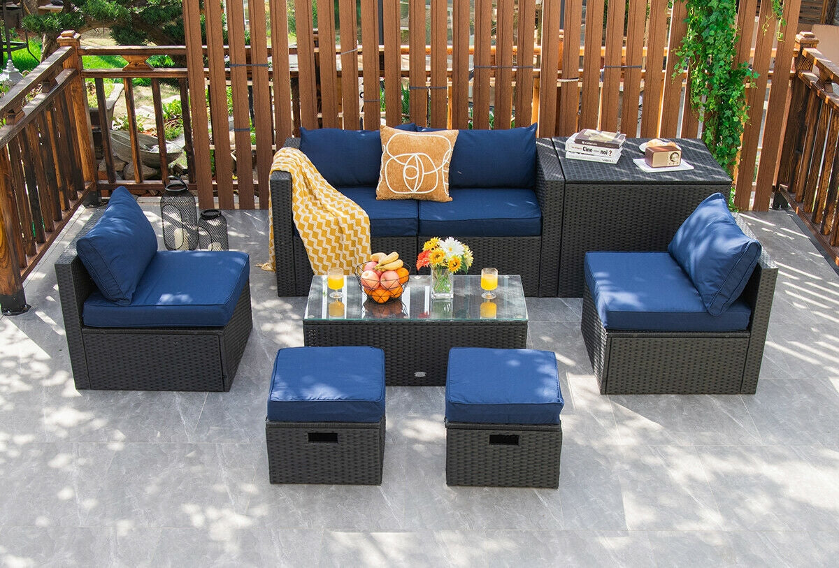 8 Pieces Patio Rattan Storage Table Furniture Set