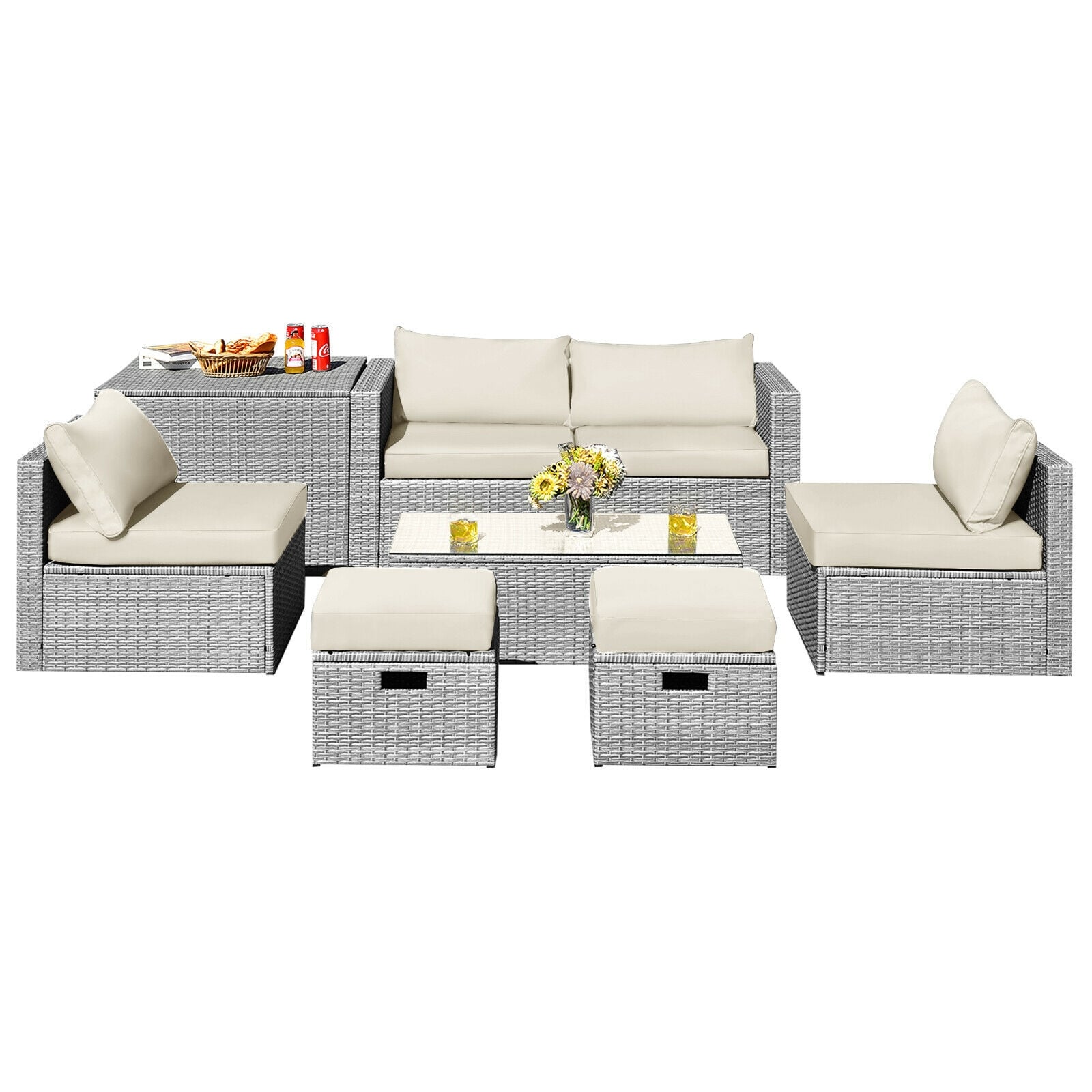 8 Pieces Patio Rattan Furniture Set with Storage Waterproof Cover and Cushion