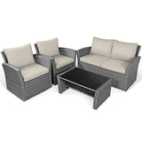4 Pieces Patio Rattan Furniture Set Sofa Table with Storage Shelf Cushion