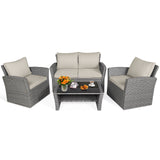 4 Pieces Patio Rattan Furniture Set Sofa Table with Storage Shelf Cushion