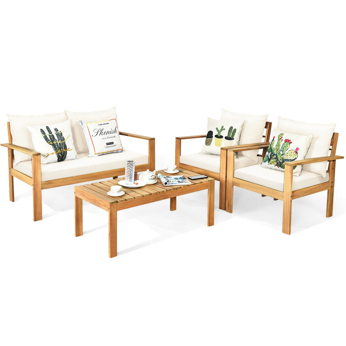 4 Pieces Patio Acacia Wood Thick Cushion Loveseat Sofa Set