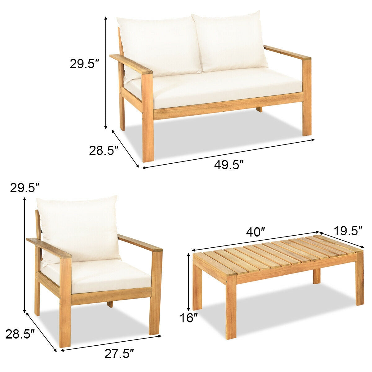 4 Pieces Patio Acacia Wood Thick Cushion Loveseat Sofa Set
