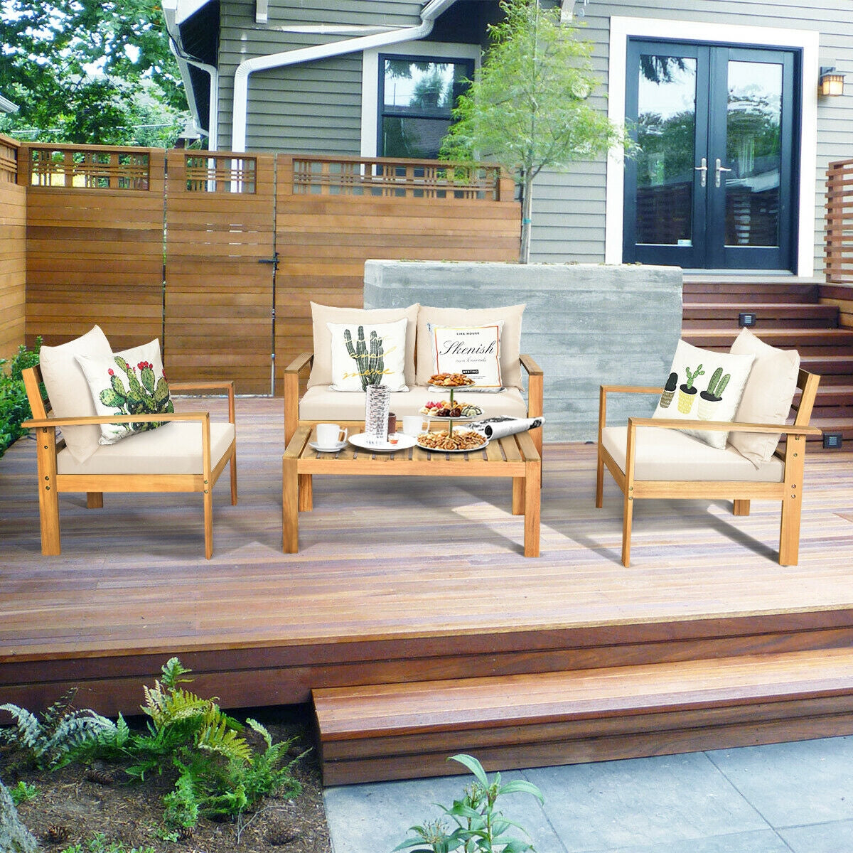 4 Pieces Patio Acacia Wood Thick Cushion Loveseat Sofa Set