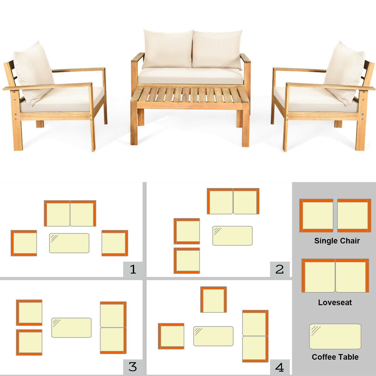 4 Pieces Patio Acacia Wood Thick Cushion Loveseat Sofa Set