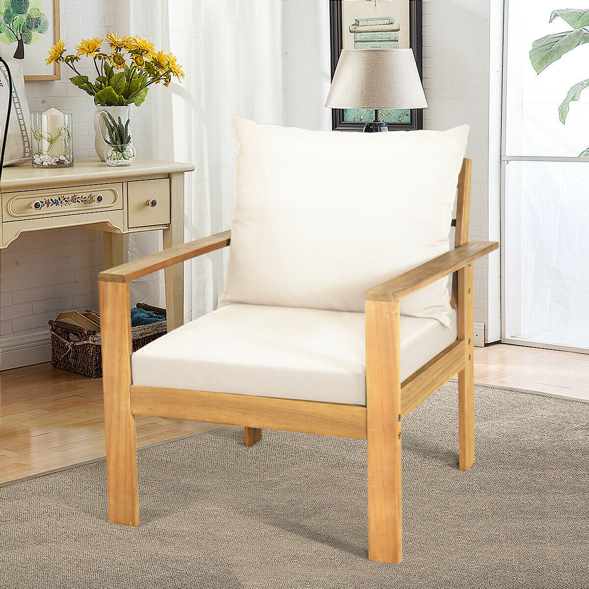 4 Pieces Patio Acacia Wood Thick Cushion Loveseat Sofa Set