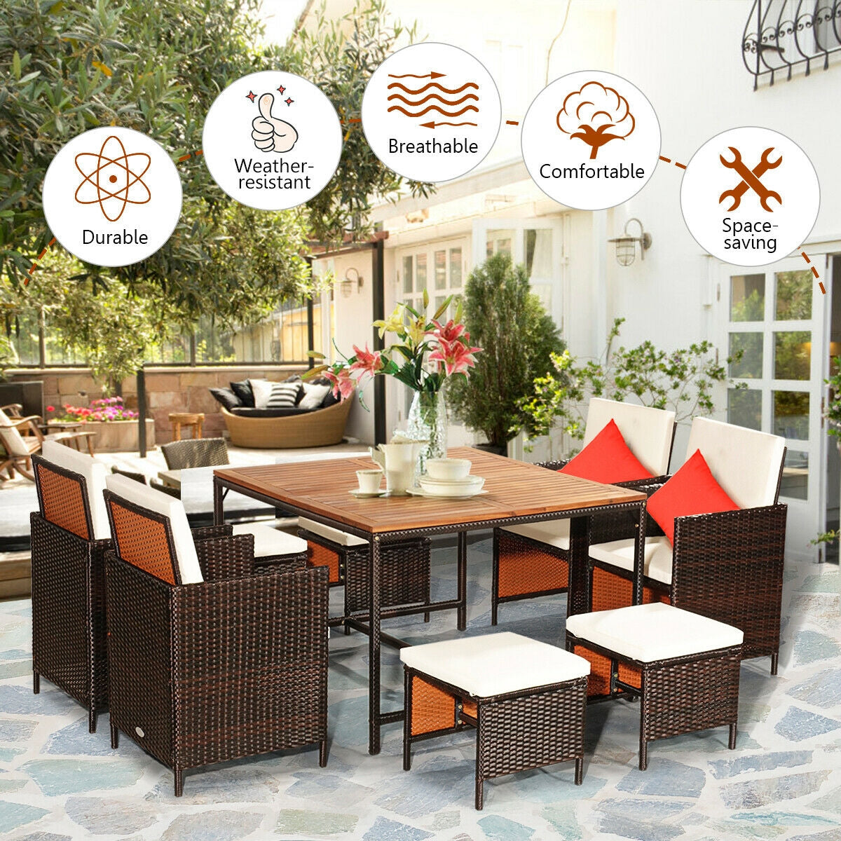 9PCS Patio Rattan Dining Cushioned Chairs Set
